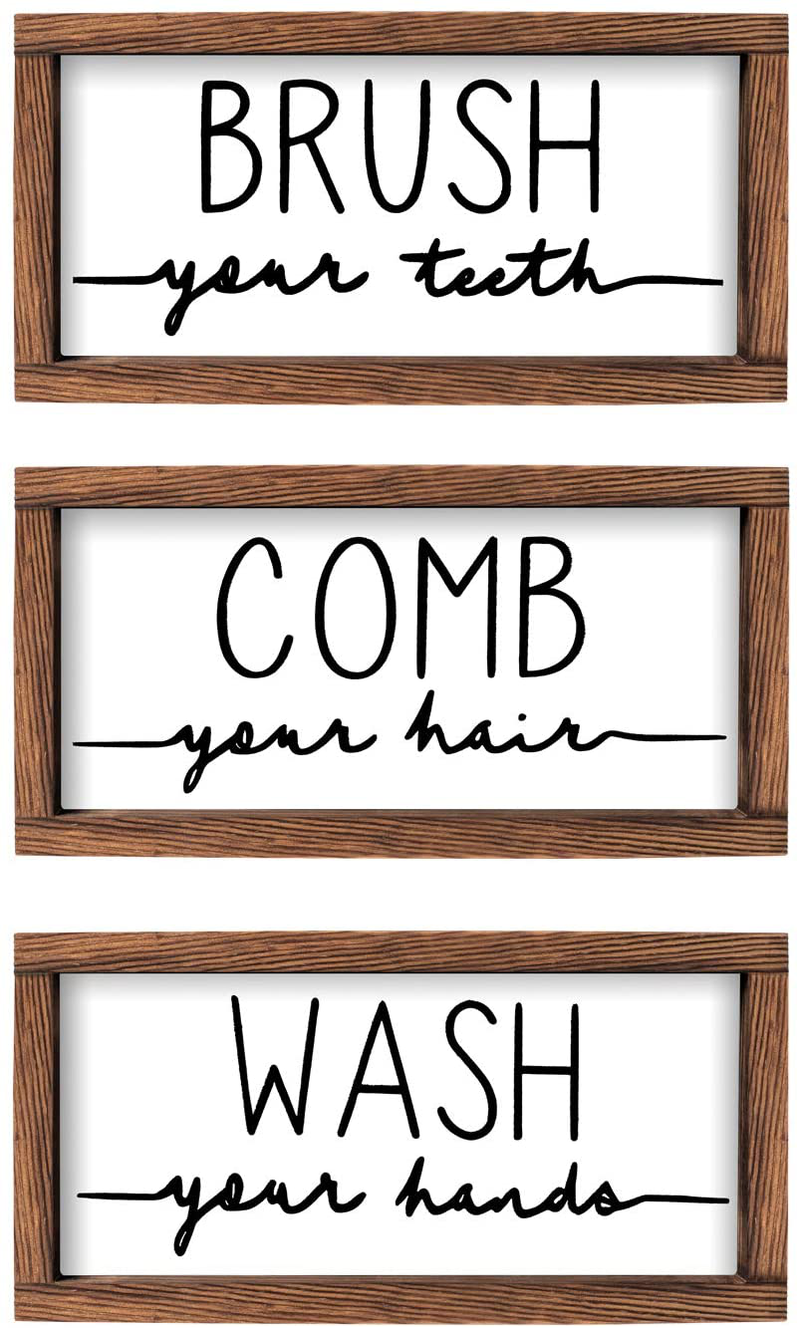 LIBWYS Bathroom Sign & Plaque (Set of 3) Wash Your Hands Brush Your Teeth Comb Your Hair Decorative Rustic Wood Farmhouse Bathroom Wall Decor (White) Home & Garden > Decor > Seasonal & Holiday Decorations LIBWYS White  