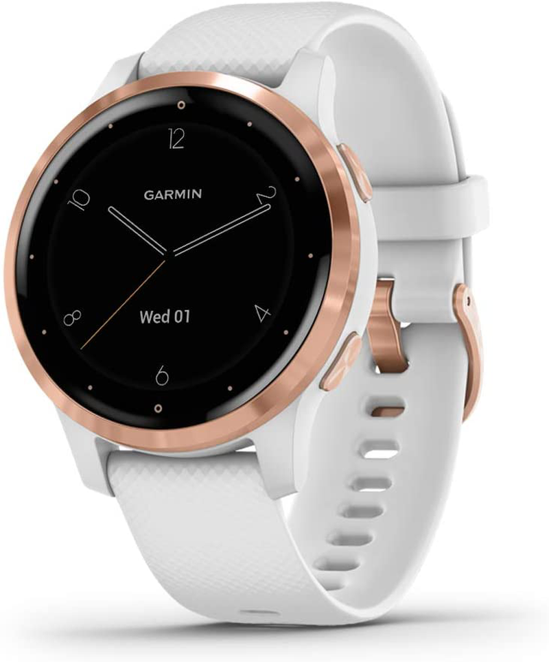Garmin 010-02172-21 Vivoactive 4S, Smaller-Sized GPS Smartwatch, Features Music, Body Energy Monitoring, Animated Workouts, Pulse Ox Sensors, Rose Gold with White Band Apparel & Accessories > Jewelry > Watches Garmin Rose Gold with White Band 40mm 
