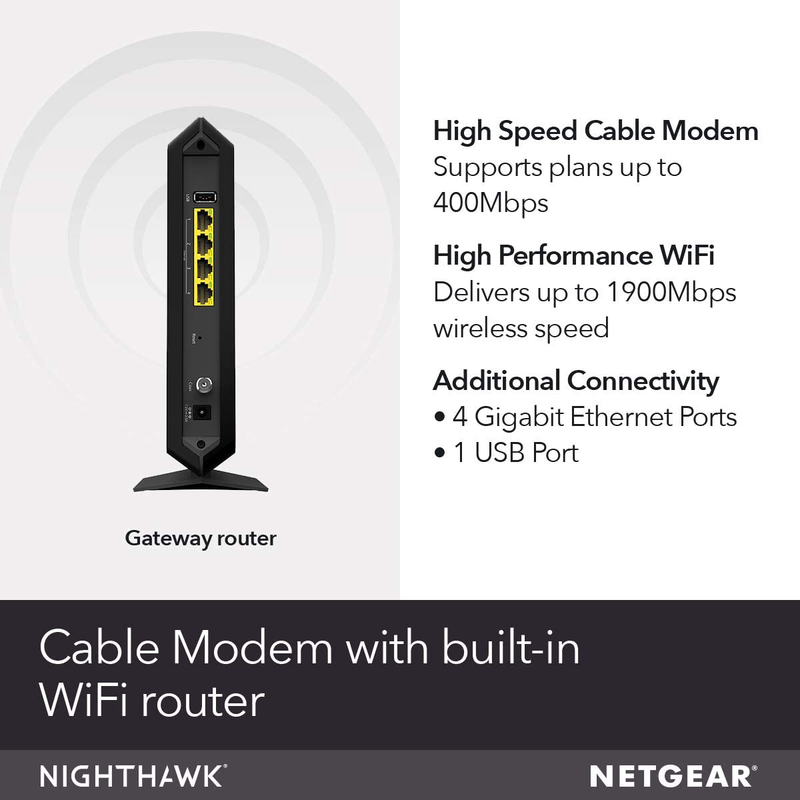 NETGEAR Nighthawk Cable Modem Wi-Fi Router Combo C7000-Compatible with Cable Providers Including Xfinity by Comcast, Spectrum, Cox for Cable Plans Up to 400 Mbps | AC1900 Wi-Fi Speed | DOCSIS 3.0 Electronics > Networking > Modems NETGEAR   