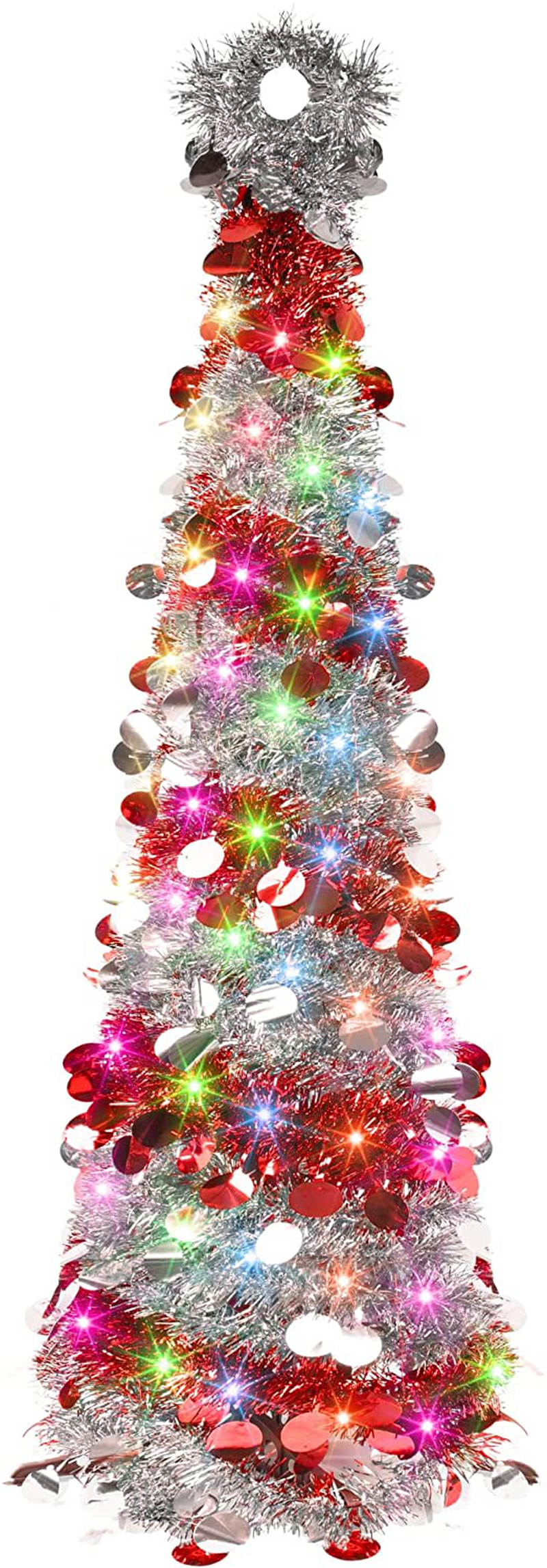 FUNPENY 5 FT Pop up Christmas Tree with 50 LED String Lights, Lighted Artificial Tinsel Xmas Tree with Timer, Battery Operated Prelit Pencil Tree for Indoor Home Party Decoration, White & Red Home & Garden > Decor > Seasonal & Holiday Decorations& Garden > Decor > Seasonal & Holiday Decorations FUNPENY White and Red  