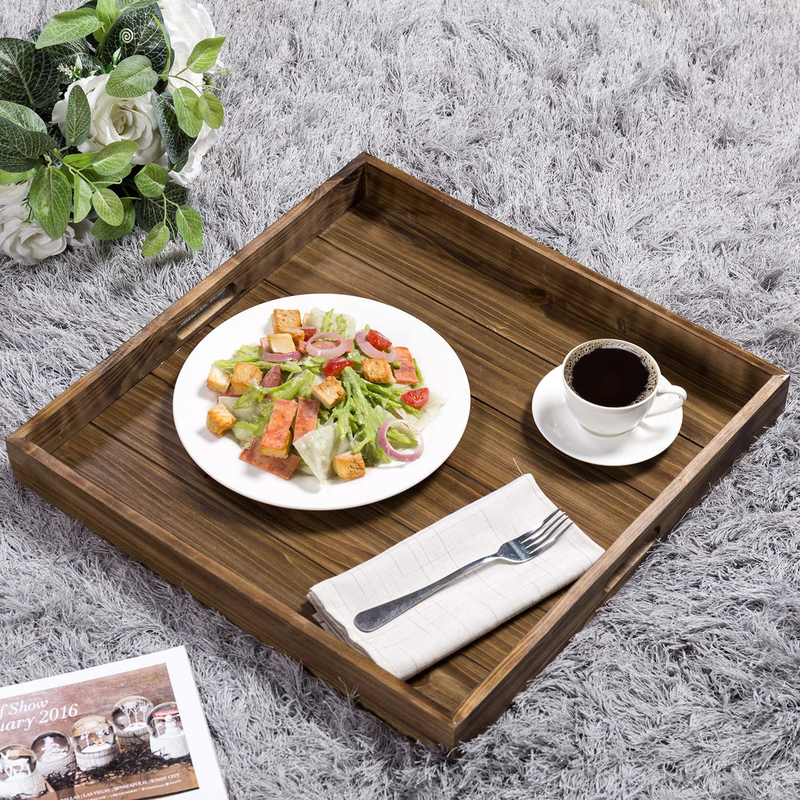 MyGift 19-Inch Square Rustic Torched Wood Ottoman Tray, Serving Tray for Breakfast in Bed, Tea, Coffee with Cutout Handles Home & Garden > Decor > Decorative Trays MyGift Drak Brown  