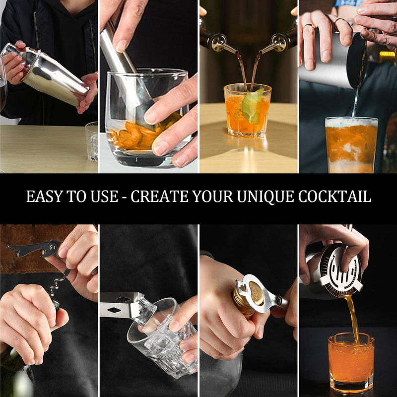 Cocktail Shaker Set Bartender Kit, NICEAO 14-Piece Bar Kit, 25oz Martini Shaker, Mixing Spoon, Double Jigger, Liquor Pourers, Muddler, Strainer and Ice Tongs, Professional Bar Set Tools