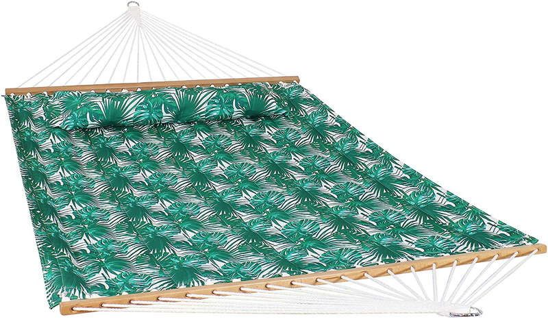 Sunnydaze 2-Person Quilted Printed Fabric Spreader Bar Hammock and Pillow - Large Modern Cloth Hammock with Metal S Hooks and Hanging Chains - Heavy Duty 450-Pound Weight Capacity - Green Palm Leaves Home & Garden > Lawn & Garden > Outdoor Living > Hammocks Sunnydaze Green Palm Leaves  