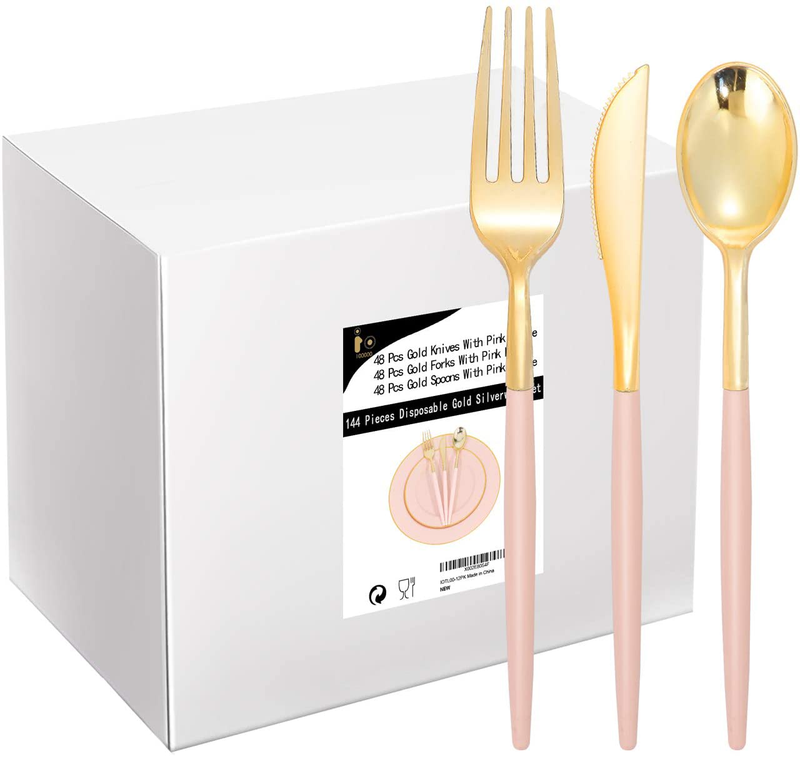 I00000 144 PCS Disposable Gold Silverware, Plastic Flatware with White Handle, Gold Plastic Cutlery Includes: 48 Forks, 48 Knives and 48 Spoons Home & Garden > Kitchen & Dining > Tableware > Flatware > Flatware Sets I00000 Pink  