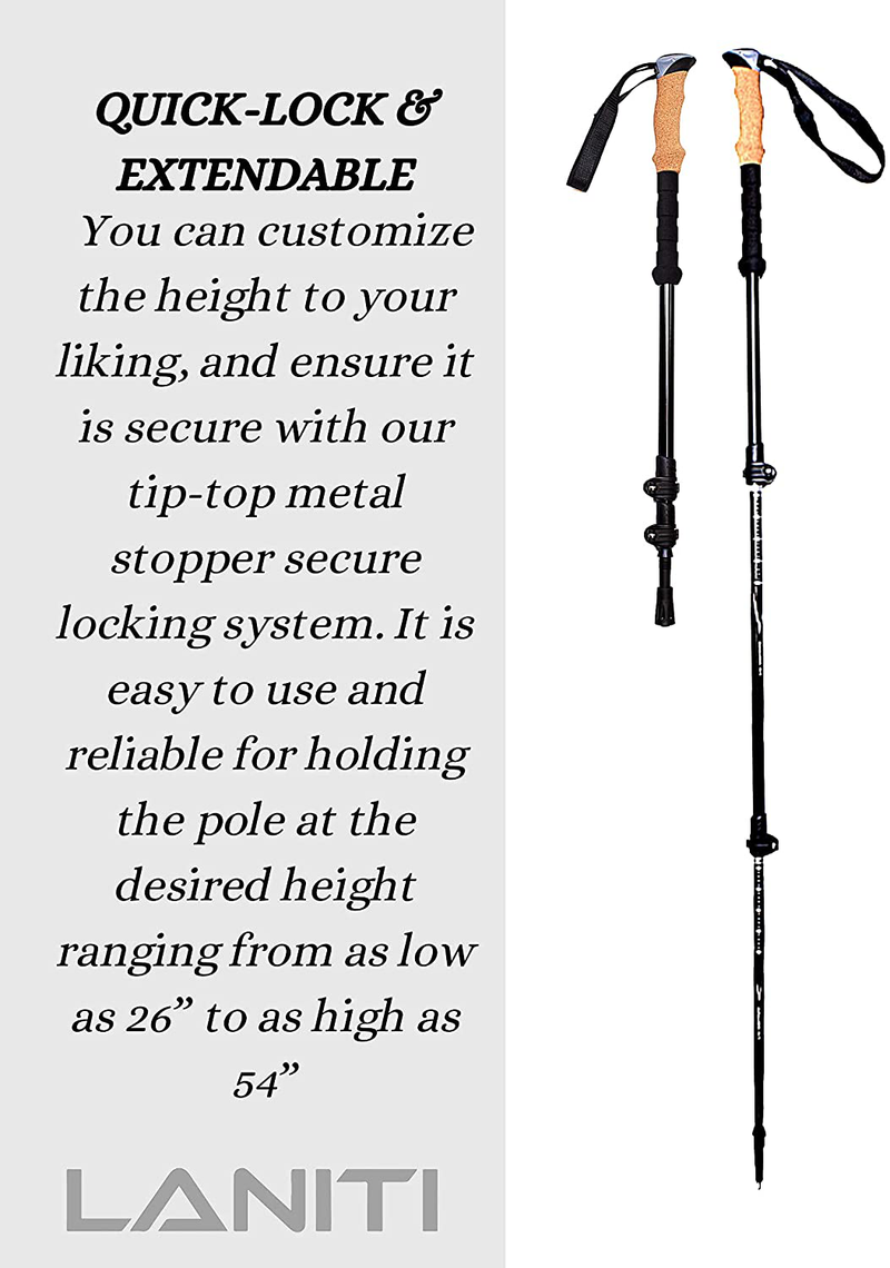 Laniti Hiking or Walking Sticks Adjustable Locks Expandable to 54" Strong Aircraft Aluminum 7075 Material. Lightweight Cork Grip, All Terrain Accessories and Carry Bag with 10 Replacement Tips
