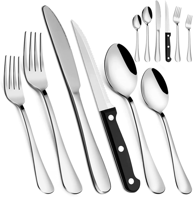 Silverware Set, MASSUGAR 48-Piece Silverware Utensil Set with Steak Knives for 8, Stainless Steel Flatware Cutlery Set for Home Kitchen Restaurant Hotel, Include Knife/Fork/Spoon, Dishwasher Safe