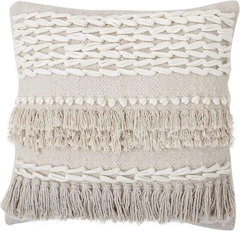 REDEARTH Tufted Throw Pillow Cushion Covers-Boho Textured Woven Decorative Cases Set for Couch, Sofa, Bed, Farmhouse, Chair, Dining, Patio, Outdoor, Car; 100% Cotton (18X18; Natural) Pack of 2 Home & Garden > Decor > Chair & Sofa Cushions REDEARTH   