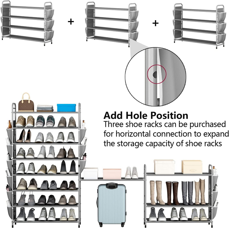 LINZINAR Shoe Rack 4 Tier Space Saving Small Shoe Organizer Stackable Metal Shoe Storage Shelf with Double Row Side Pockets for Closet Entryway Bedroom (4 Tier, Grey) Furniture > Cabinets & Storage > Armoires & Wardrobes LINZINAR   
