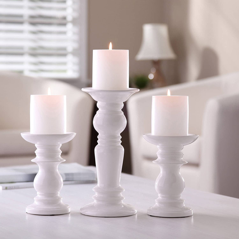 Hosley Set of 3 Ceramic White Pillar Candle Holders Two 6 Inch and One 9.5 Inch High. Ideal for LED and Pillar Candles Gifts for Wedding Party Home Spa Reiki Aromatherapy Votive Candle Gardens P2 Home & Garden > Decor > Home Fragrance Accessories > Candle Holders Hosley   