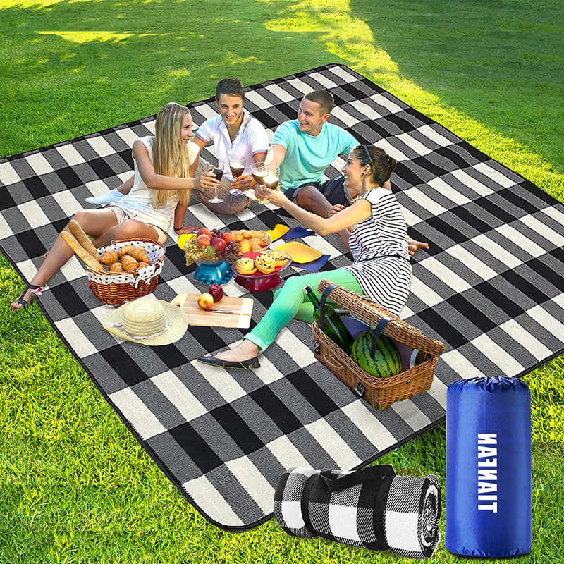 TIANFAN Picnic Blanket, Outdoor Picnic Blankets Waterproof Foldable 80×80 inch Large Sandproof Beach Blanket Mat for Travel,Camping,Family Hiking (Black& White) Home & Garden > Lawn & Garden > Outdoor Living > Outdoor Blankets > Picnic Blankets TIANFAN Black  