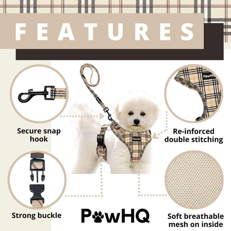 PawHQ 6 Piece Set Dog Harness Collar Leash Bandana Bow Tie Poop Bag Dispenser Holder for Small Medium Dogs Cats Pets and Puppy Starter Kit Adjustable Vest Dog Accessories Supplies Beige Plaid Pattern