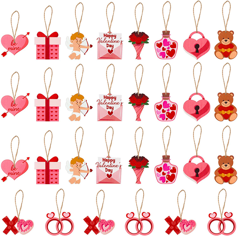 Haooryx 31Pcs Valentines Wooden Ornaments Hanging Decorations, Heart Teddy Bear Cupid Shaped Wood Craft Valentines Elements Wooden Pendant Tags with Rope for Valentine’S Day Party Gift Wedding Decor