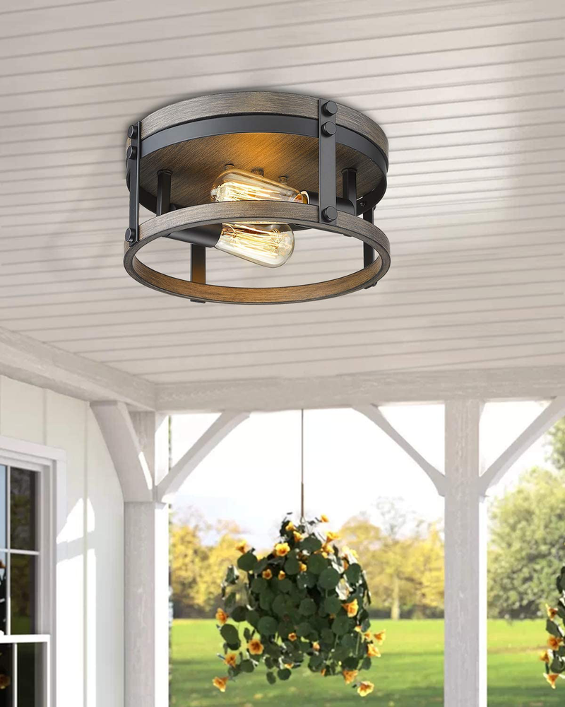 Osimir 2-Light Farmhouse Flush Mount Ceiling Light, 12 Inch Ceiling Light Fixture, round Cage with Black & Wood Grain Texture Finish, RE9180-2B