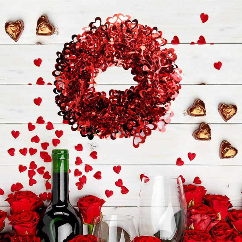 Ochine Tinsel Heart Wreaths Garland Valentines Day Red Heart Shaped Wreaths Decor Valentine Hanging Door Wall Wreath Wedding Wreaths for Valentines' Day Wedding Party Decorations