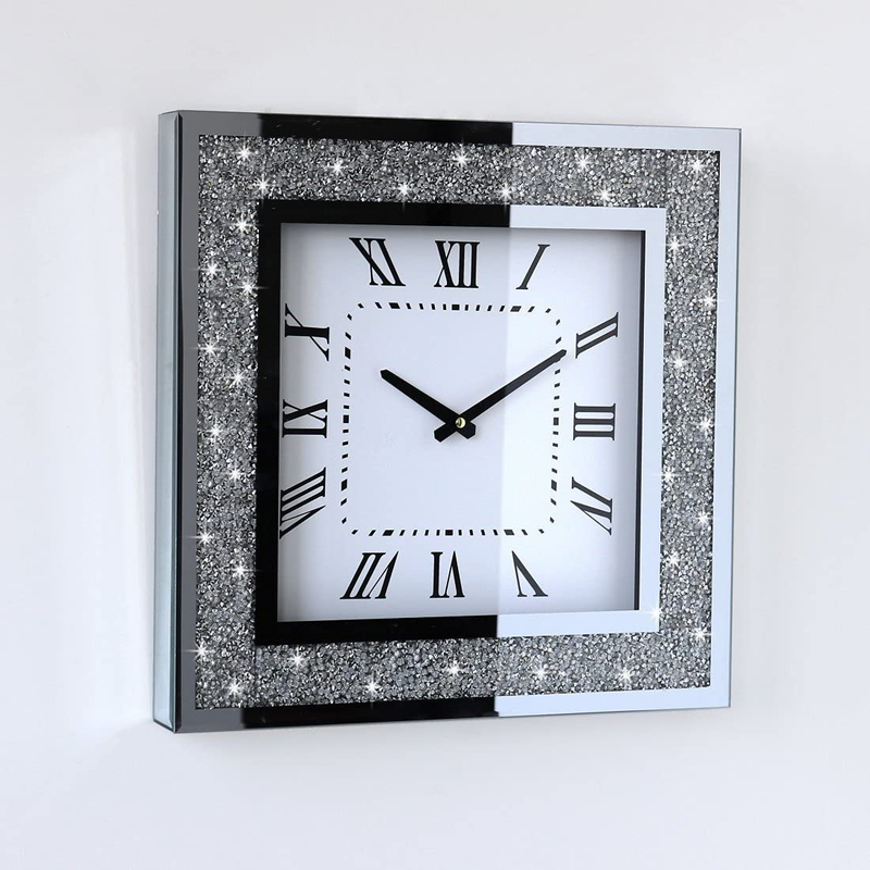 Crystal Crush Diamond Mirrored Square Wall Clock with Sparkle Twinkle Bling Diamond Decor for Wall Decoration, Decorative Silver Mirror Quartz Clock. Dimension 16x16 inch. AA Battery is not Included. Home & Garden > Decor > Clocks > Wall Clocks QMDECOR   
