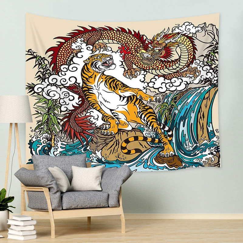 JAWO Asian Tapestry, Chinese Dragon and Tiger in The Landscape with Waterfall Wall Tapestry, Wall Art Hanging for Bedroom Living Room Dorm 71X60Inches Home & Garden > Decor > Artwork > Decorative Tapestries JAWO 60''W By 40''L  