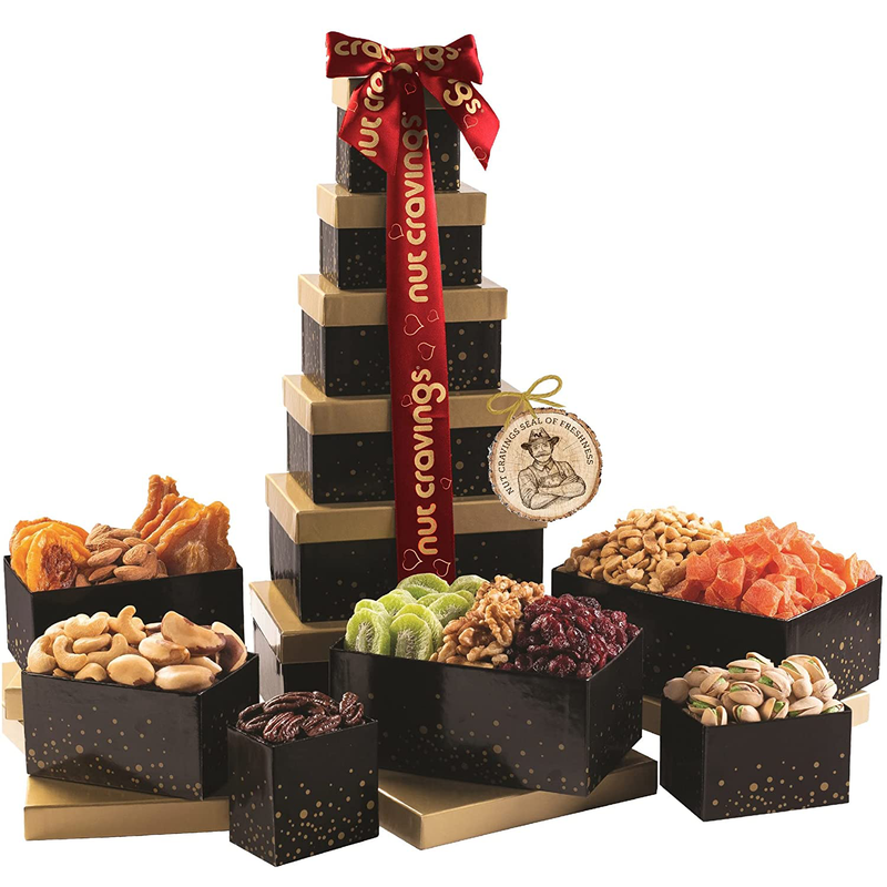 Dried Fruit & Nuts Gift Basket Black Tower + Ribbon (12 Piece Set) Valetines Day 2022 Idea Food Arrangement Platter, Birthday Care Package Variety, Healthy Kosher Snack Box for Adults Prime Home & Garden > Decor > Seasonal & Holiday Decorations Nut Cravings B - Red Ribbon Tower  