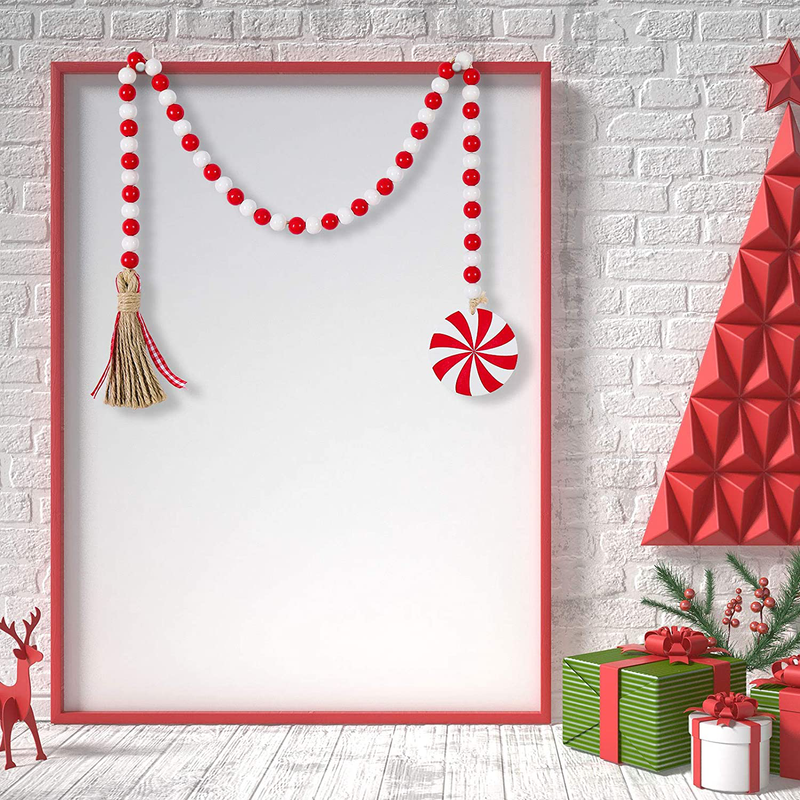Christmas Wooden Bead Wreath with Tassels, Decorated with Candy Pendant, Wood Bead Garland Wreath for Christmas Decorations, Farmhouse Wall Hanging Ornaments (Red, White, 3.15 x 3.15 Inch) Home & Garden > Decor > Seasonal & Holiday Decorations& Garden > Decor > Seasonal & Holiday Decorations Chuangdi   