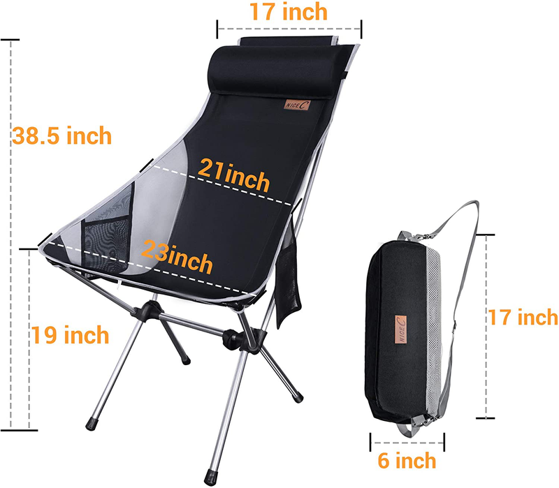 Nicec Ultralight High Back Folding Camping Chair, Upgrade with Removable Pillow, Side Pocket & Carry Bag, Compact & Heavy Duty for Outdoor, Camping (Set of 1 Black)