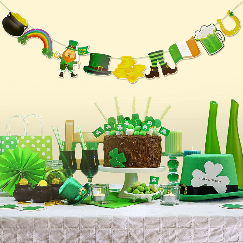 St Patricks Day Decorations,St. Patricks Day Decor for Home Banner, Lucky Shamrock Clover Leprechaun Hat Beers for Lucky Day,Saint Patricks Day Irish Party Decorations Supplies Accessories