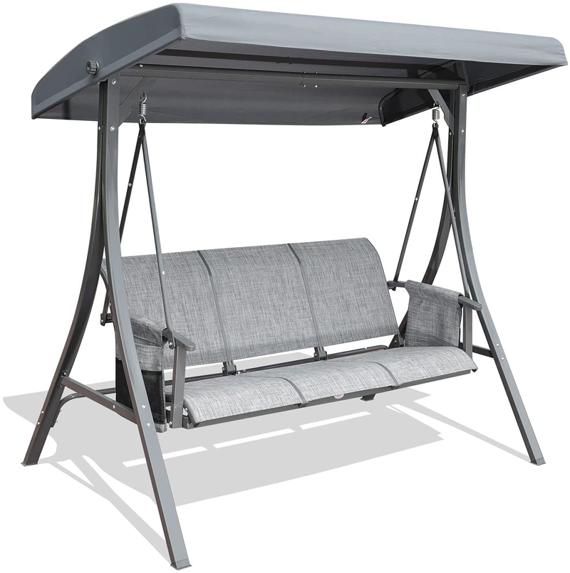 GOLDSUN Durable 3 Person Outdoor Patio Swing Chair with Side Pocket Bag Weather Resistant Canopy Steel Frame Swinging Bench for Balcony,Garden, Porch,Deck and Poolside(Grey)