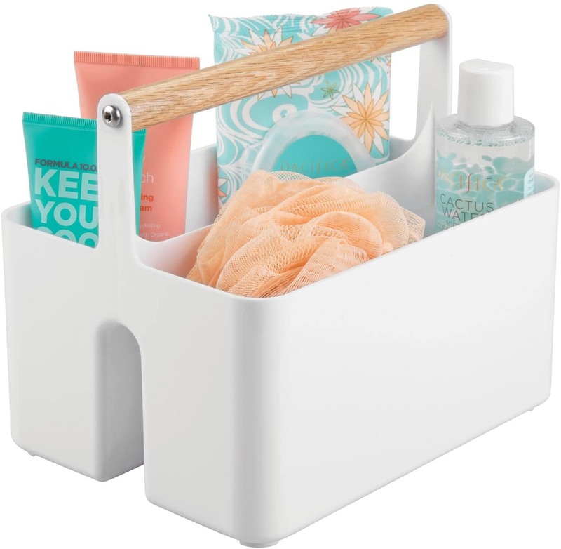 Mdesign Plastic Portable Shower Caddy Divided Basket Bin Storage Organizer with Wood Handle for Bathroom Vanity, Dorm Shelf & Cabinet - Holds Shampoo, Conditioner - Aura Collection - Gray/Natural Sporting Goods > Outdoor Recreation > Camping & Hiking > Portable Toilets & Showers MetroDecor White/Natural  