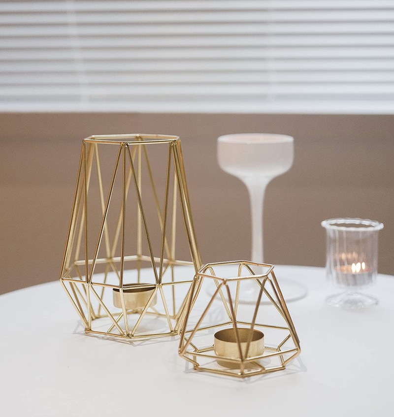 Set of 2 Gold Geometric Metal Tealight Candle Holders for Living Room & Bathroom Decorations - Centerpieces for Wedding & Dining Room, Coffee Side Tables & Shelf Decor - Holiday & Birthday Gifts