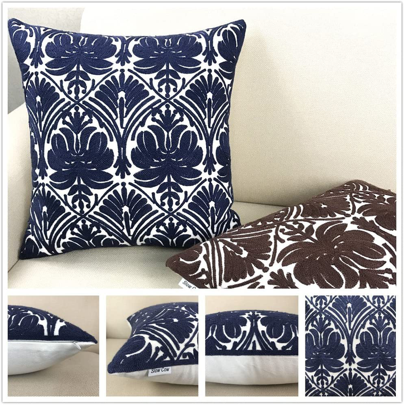 SLOW COW Embroidery Throw Pillow Cover Geometric Rose Navy Decorative Cushion Cover for Sofa 18X18 Inches Home & Garden > Decor > Chair & Sofa Cushions Slow Cow   