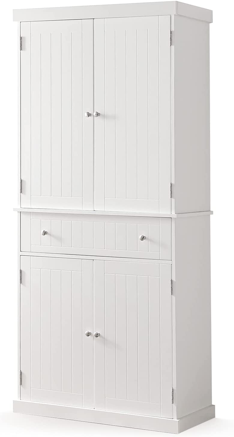 Freestanding Kitchen Pantry Cabinet Tall Storage Cupboard with Doors and Adjustable Shelves for Kitchen, Living Room, Dining Room, White