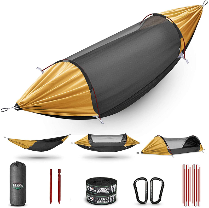 ETROL Camping Hammock with Mosquito Net,Double & Single Hammock Upgrade 3 in 1 Function Portable Hammocks for Indoor Outdoor Hiking Patio Travel - 2 Tree Straps 2 Carabiners 2 Aluminium Bent Poles Sporting Goods > Outdoor Recreation > Camping & Hiking > Mosquito Nets & Insect Screens ETROL Black & Yellow  