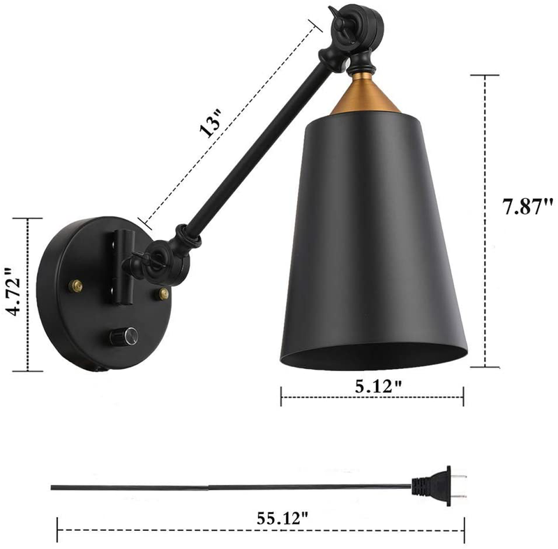 Pauwer Industrial Plug in Wall Sconces Set of 2 with on off Switch Vintage Edison Swing Arm Wall Lamp Black Metal Shade Wall Light Fixtures Home & Garden > Lighting > Lighting Fixtures > Wall Light Fixtures KOL DEALS   
