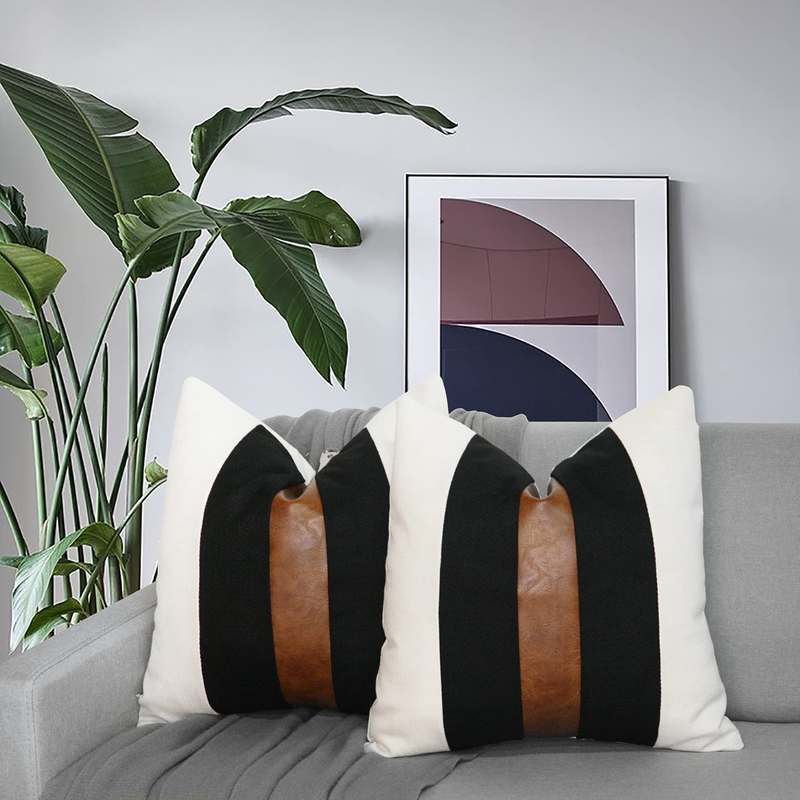 JASEN Set of 2 Faux Leather and Linen Throw Pillow Covers 18X18 Inch Black and White Modern Farmhouse Decorative Accent Cushion Covers for Couch Sofa Home & Garden > Decor > Chair & Sofa Cushions JASEN   