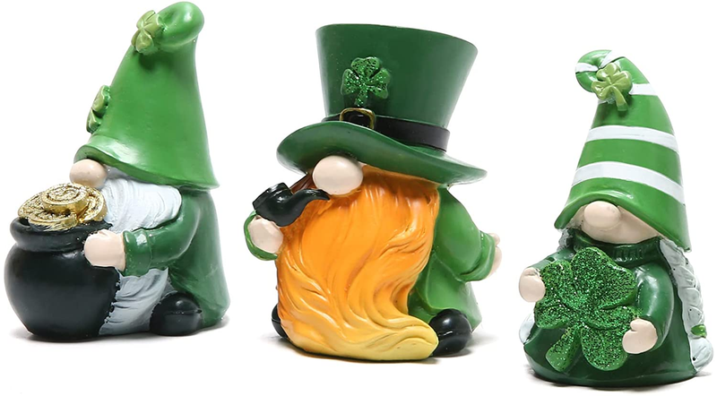 Hodao St Patrick'S Day Resin Figurine Set of 3 Gnome Resin Doll St. Patricks Day Decorations Irish Green Clover Faceless Doll Decoration Holiday Ornaments