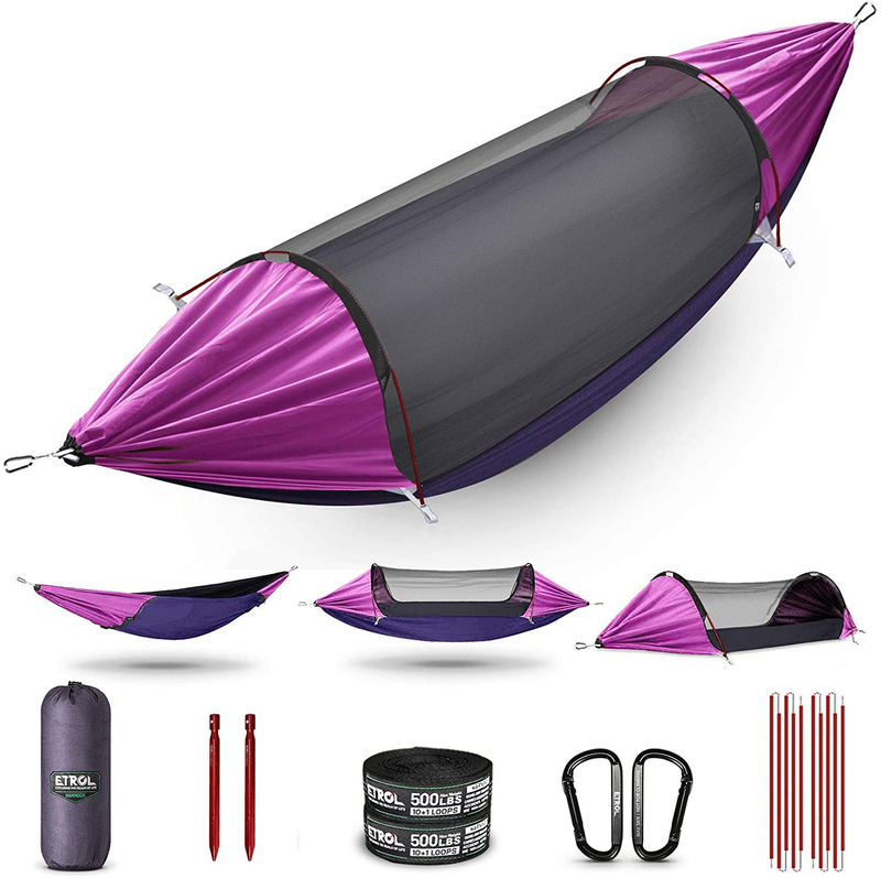 ETROL Camping Hammock, Double & Single Hammock with Mosquito Net,Upgrade 3 in 1 Function Portable Hammock for Indoor Outdoor Hiking Patio Travel - 2 Tree Straps,2 Carabiners,2 Aluminium Bent Poles Home & Garden > Lawn & Garden > Outdoor Living > Hammocks ETROL Purple  