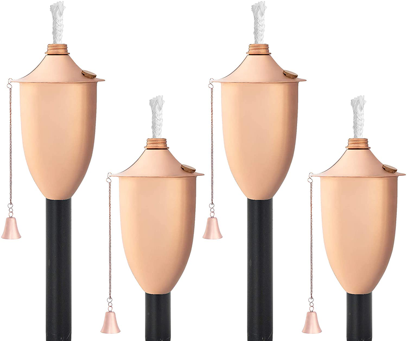 Legends Direct Set of 4, Premium Metal Patio Torches, 53" Tall- Tiki Style/w Snuffer, Fiberglass Wick & Large 20oz Oil Lamp for Deck, Patio, Lawn, Garden, Luau (Large Smooth Copper) Home & Garden > Lighting Accessories > Oil Lamp Fuel Legends Direct Small Smooth Copper 4 