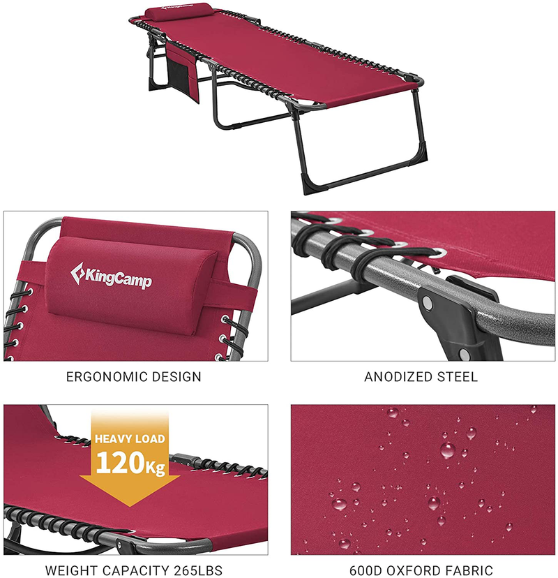 Kingcamp Adjustable 4-Position Heavy Duty Folding Chaise Lounge Chair with Pillow Pocket, Portable Great for Outdoor Patio Lawn Beach Pool Sunbathing, Supports 264Lbs Sporting Goods > Outdoor Recreation > Camping & Hiking > Camp Furniture KingCamp   