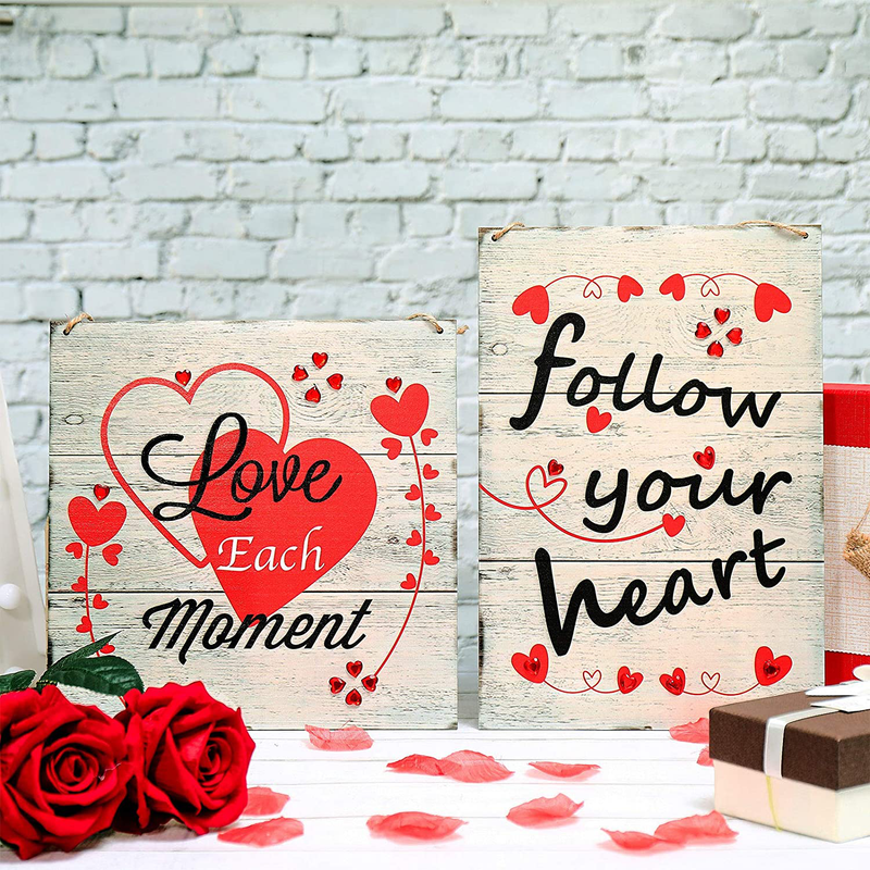 Jetec 2 Pieces Valentine'S Day Wood Hanging Sign Follow Your Heart Love Each Moment Wall Hanging Wooden Decoration Sign for Valentine'S Day, Wedding, Party, Anniversary, Home Decoration Home & Garden > Decor > Seasonal & Holiday Decorations Jetec   