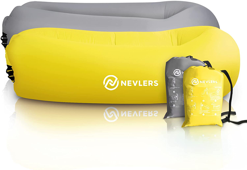 Nevlers 2 Pack Inflatable Loungers with Side Pockets and Matching Travel Bag - Blue & Green - Waterproof and Portable - Great and Easy to Take to the Beach, Park, Pool, and as Camping Accessories Sporting Goods > Outdoor Recreation > Camping & Hiking > Camp Furniture Nevlers Yellow/Gray  