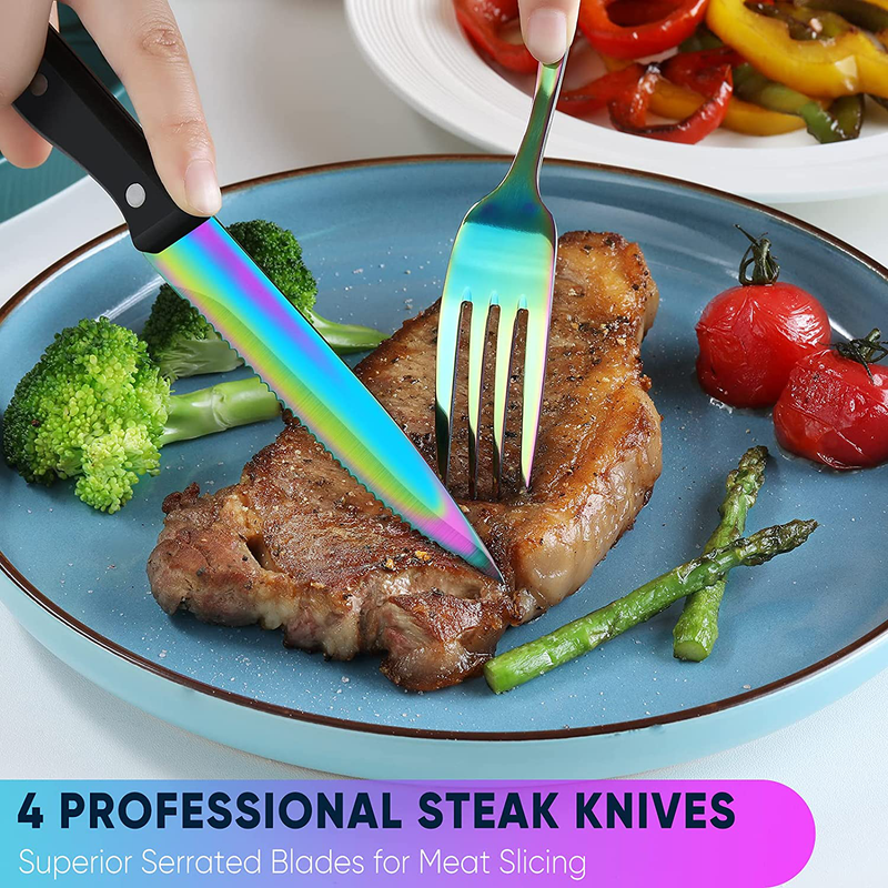 Hiware 24 Pieces Rainbow Silverware Set with Steak Knives for 4, Stainless Steel Flatware Cutlery Set For Home Kitchen Restaurant, Dishwasher Safe