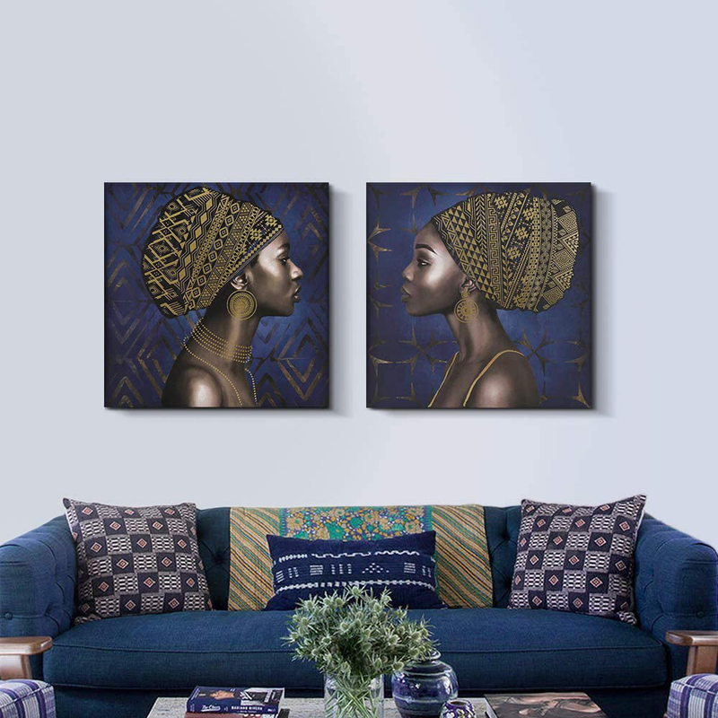 Pigort African American Wall Art Set, Black Art Afro Woman Pictures Paintings Wall Decor Canvas Print, Blue and Gold Artworks Home Decoration (31.5 x 31.5 in, SET) Home & Garden > Decor > Seasonal & Holiday Decorations Pi Art   