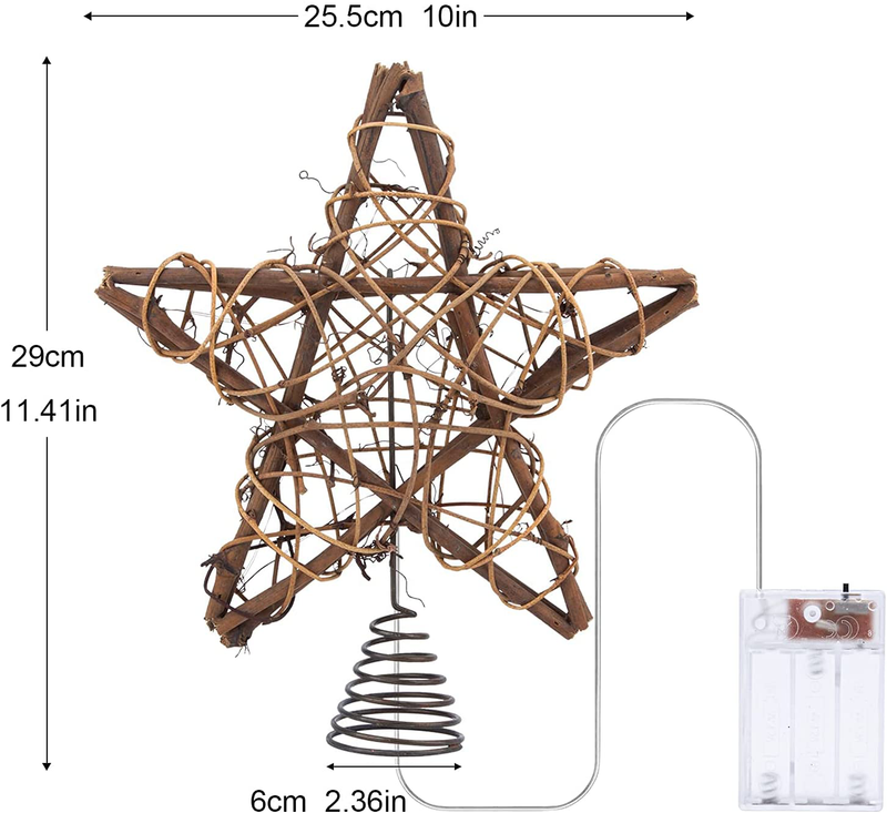 LAWOHO Christmas Tree Topper Star, 10-inch Rustic Brown Rattan Natural with 10 Warm White Lights Three Functions with Timer, Seasonal Decoration for Festive Christmas Home Indoor Ornament