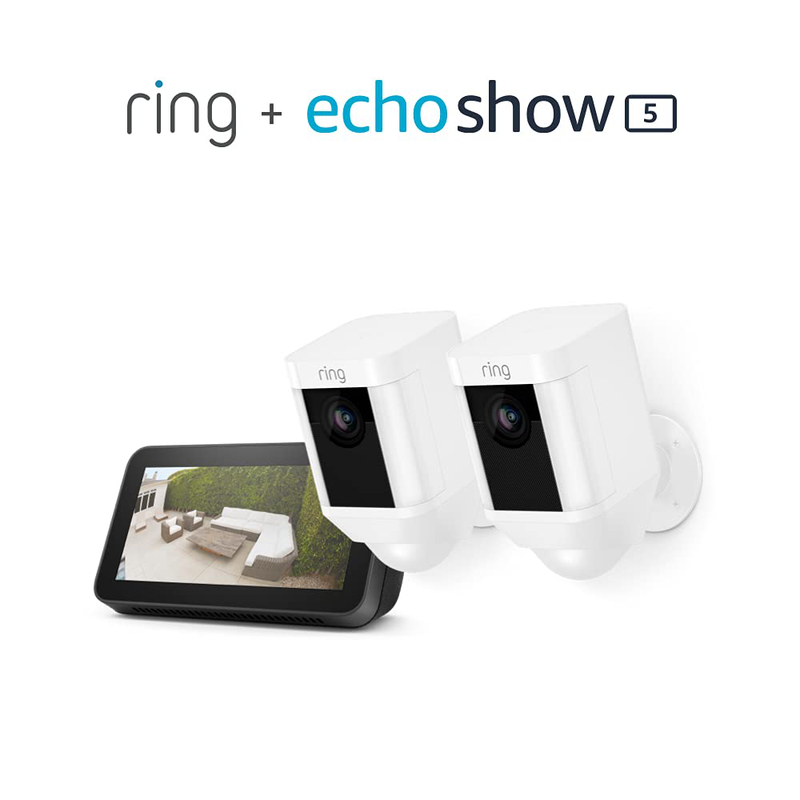 Ring Spotlight Cam Battery HD Security Camera with Built Two-Way Talk and a Siren Alarm, White, Works with Alexa Cameras & Optics > Cameras > Surveillance Cameras Ring White Prime - $10 Echo Show 5 (New) 2 Cams