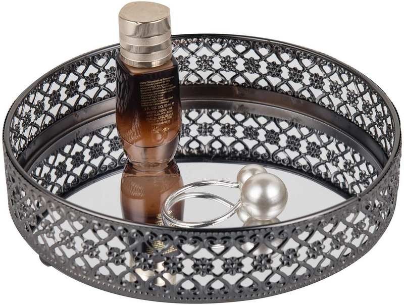 Feyarl Anti-Scratch Real Glass Mirror Surface Black Vanity Makeup Tray Jewelry Round Tray Organizer Cosmetic Perfume Bottle Tray Decorative Tray Home Deco Dresser Skin Care Storage (9.84Inch) Home & Garden > Decor > Decorative Trays Feyarl 7.87inch  