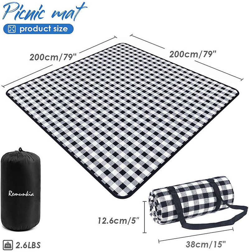 Remunkia Picnic Blanket Outdoor Blankets 79"x 79" Extra Large 3 Layers Waterproof Picnic Mat Oversized & Portable for Beach, Park, Camping, Travel, Hiking - Black & White Home & Garden > Lawn & Garden > Outdoor Living > Outdoor Blankets > Picnic Blankets Remunkia   