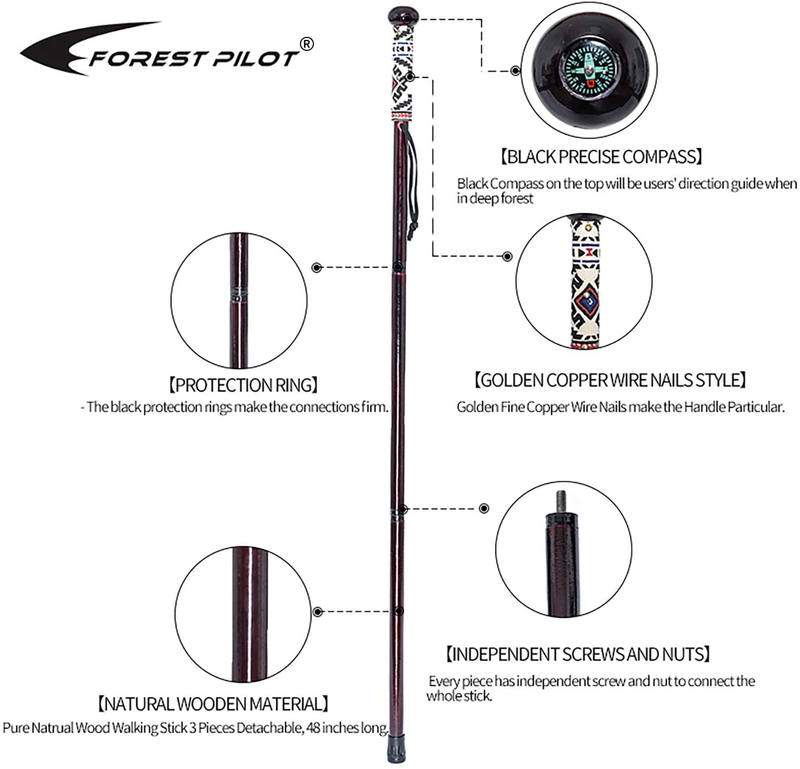 FOREST PILOT 3 Pieces Detachable Hardwood Walking Stick Flat Wooden Ball Head with a Compass (Dark Rose Color, 48 Inches, 1 Piece)
