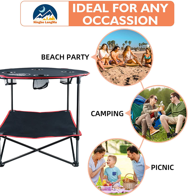 Langma Portable Camping Table, Canvas Outdoor Table Foldable Picnic Table with 4 Mesh Cup Holders and Bench Bags, Collapsible Ultralight Folding Table for Outdoor, BBQ, Beach, Hiking, Black+Red Sporting Goods > Outdoor Recreation > Camping & Hiking > Camp Furniture Ningbolangma   