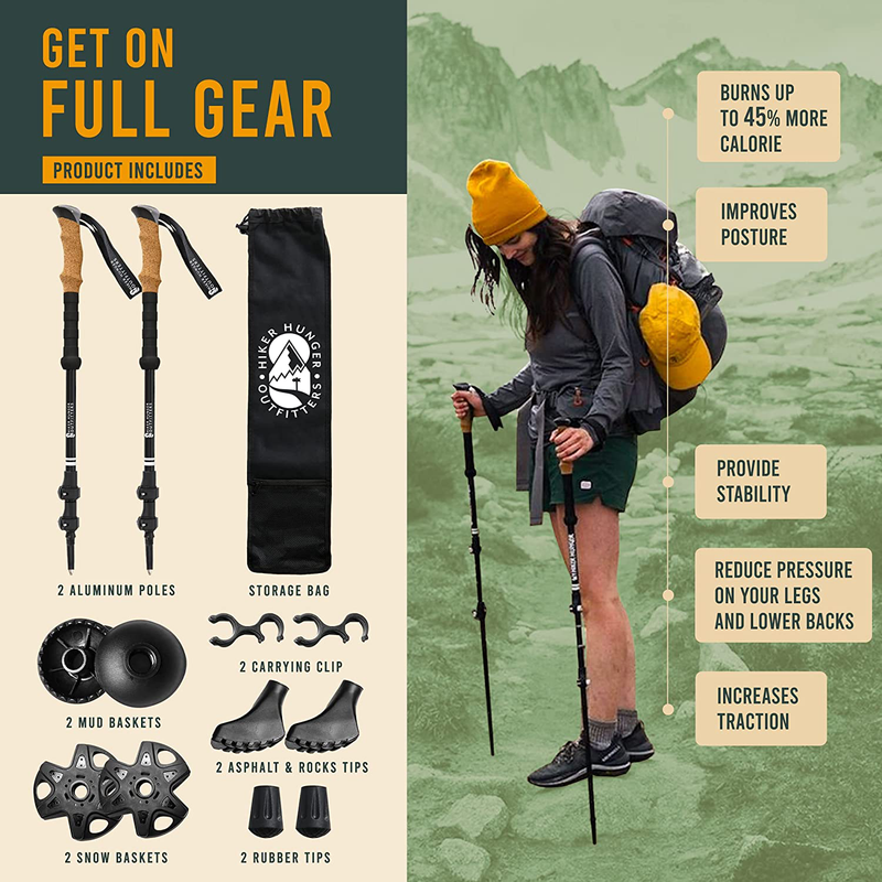 Hiker Hunger Collapsible Hiking Poles (Full Set) - All Season Trekking Accessories - Lightweight Aluminum Alloy, Adjustable, W/ Cork Grip - Camping, Backpacking, Nordic Walking Sticks for Men & Women