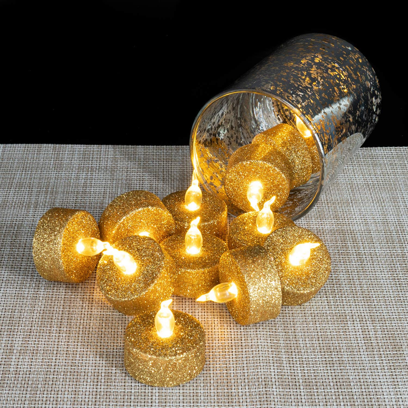 Glitter Gold Tea Lights, Battery Operated Flameless LED Tea Light, Gold Glitter Flickering Electric Fake Candles for Wedding, Party, Festival Christmas Decor, Pack of 12 Home & Garden > Decor > Home Fragrances > Candles Homemory   