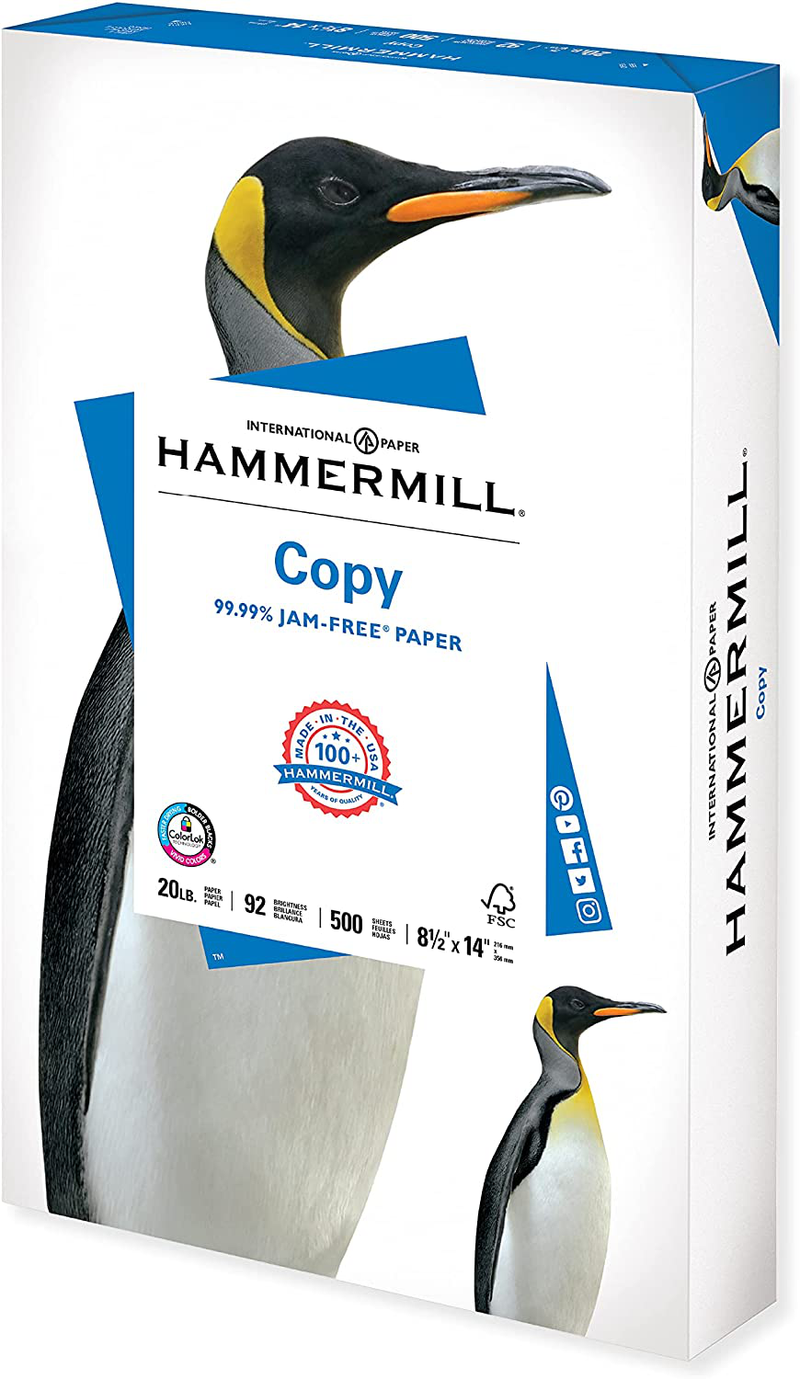 Hammermill Printer Paper, 20 Lb Copy Paper, 8.5 x 11 - 8 Ream (4,000 Sheets) - 92 Bright, Made in the USA Electronics > Print, Copy, Scan & Fax > Printer, Copier & Fax Machine Accessories Hammermill Legal (8.5x14) 1 Ream | 500 Sheets 