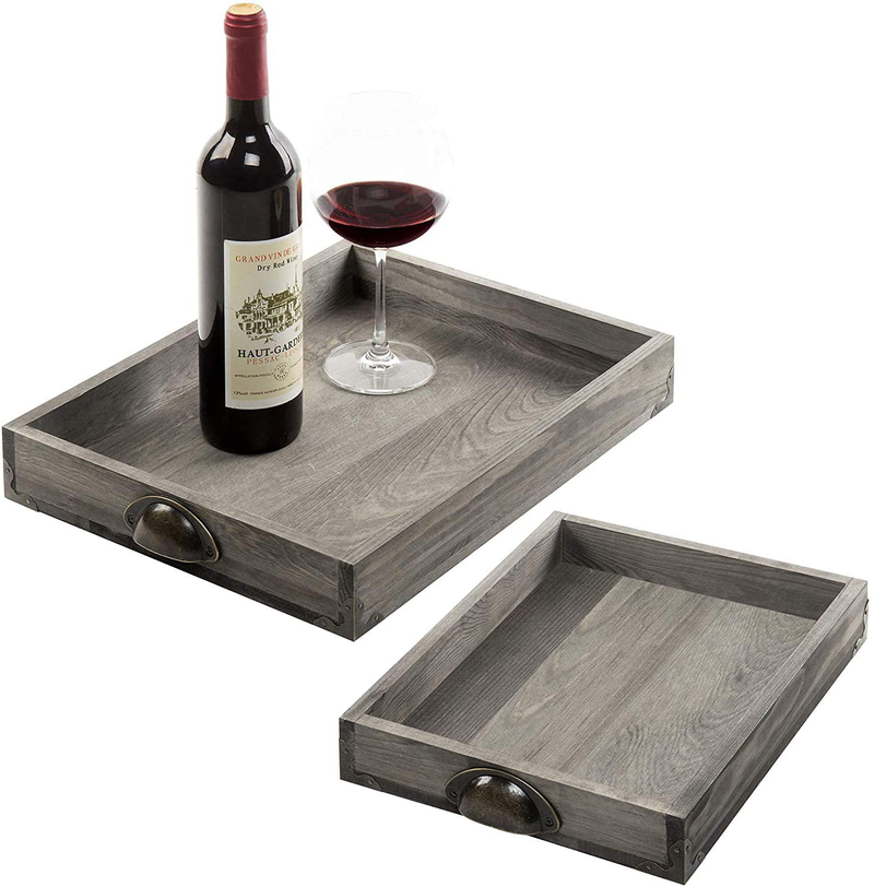 MyGift Vintage Gray Wood Trays with Antique Metal Corners and Handles for Living Room, Kitchen, Breakfast in Bed, and Coffee Table Use, Set of 2 Home & Garden > Decor > Decorative Trays MyGift   